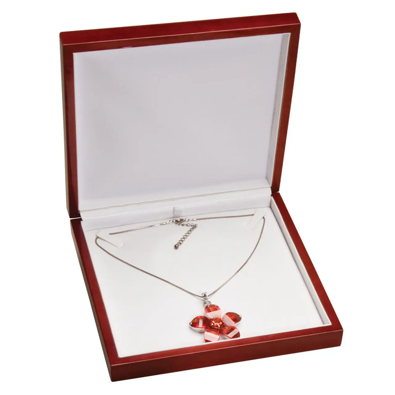 Rosewood Necklace Box w/white faux leather interior – 7 5/8″ x 7 5/8″ x 1 3/4″ Product Thumbail (View full Size)