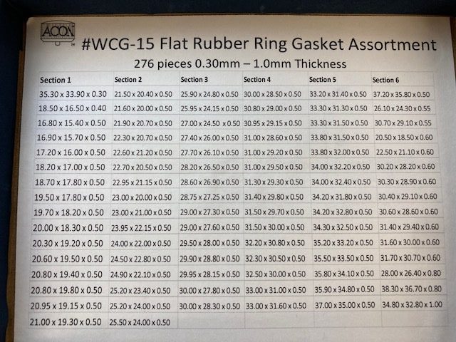 Flat Rubber Gasket Assortment .30-1.0mm thickness 276pcs Product Thumbail (View full Size)
